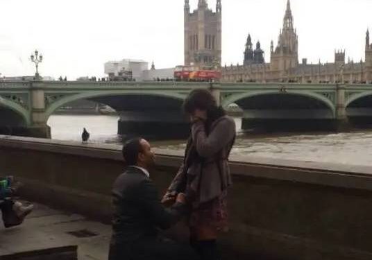 A man proposing to a woman on a street